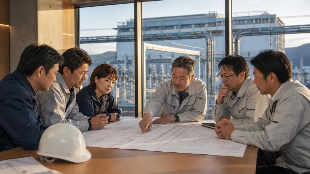 四電工 ベルテック M&A事例を象徴する岡山の電気設備工事現場と全株式取得のイメージ
