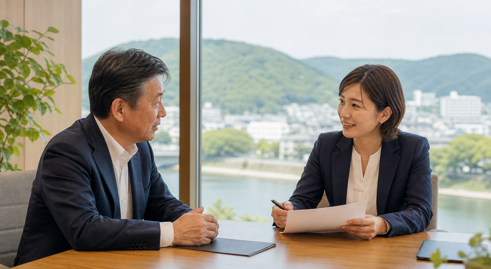 岡山の企業売却について相談する経営者とM&Aアドバイザー